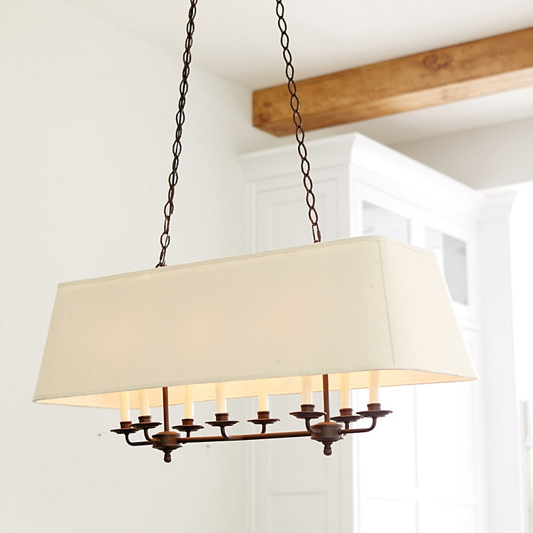 Rectangle Chandelier Eight-Light Cream Fabric Shade Dark Bronze Frame
