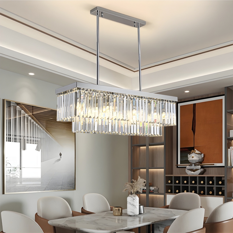 Rectangle Chandelier, Elongated Form, Chrome Linear, Tiered Crystal