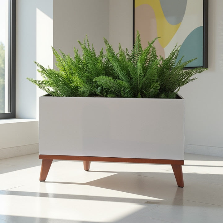 Rectangle Planter Elevated Wood Base Tapered Legs White