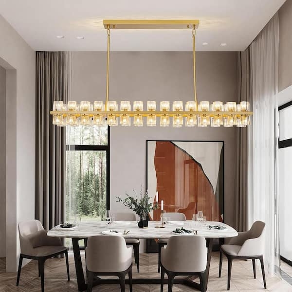 Rectangular Chandelier, 60-Light K9 Crystal Cylinders, Brushed Gold