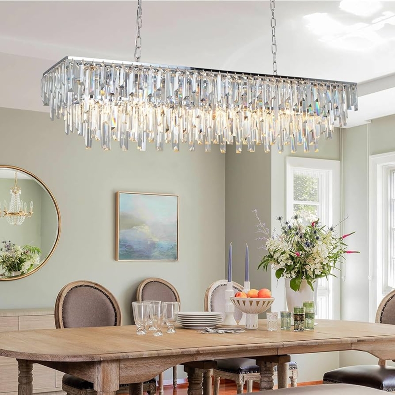 Rectangular Chandelier, Nailhead Trim Details, Tiered Crystal, Chrome