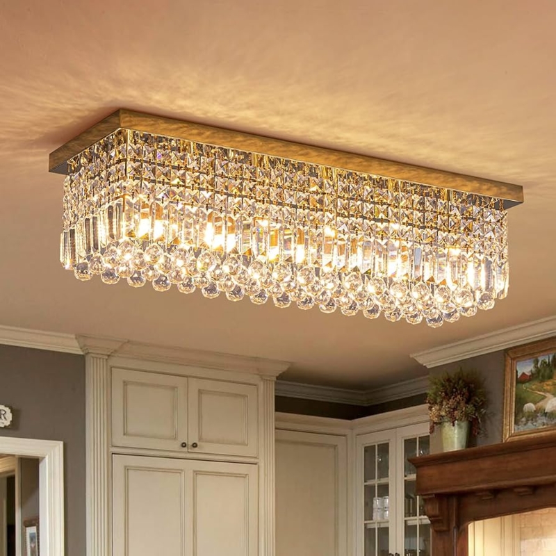 Rectangular Chandelier, Raindrop Crystals, Polished Gold Flush Mount