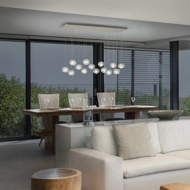 Rectangular Chandelier, Staggered Textured Spheres, 14-Light Cluster
