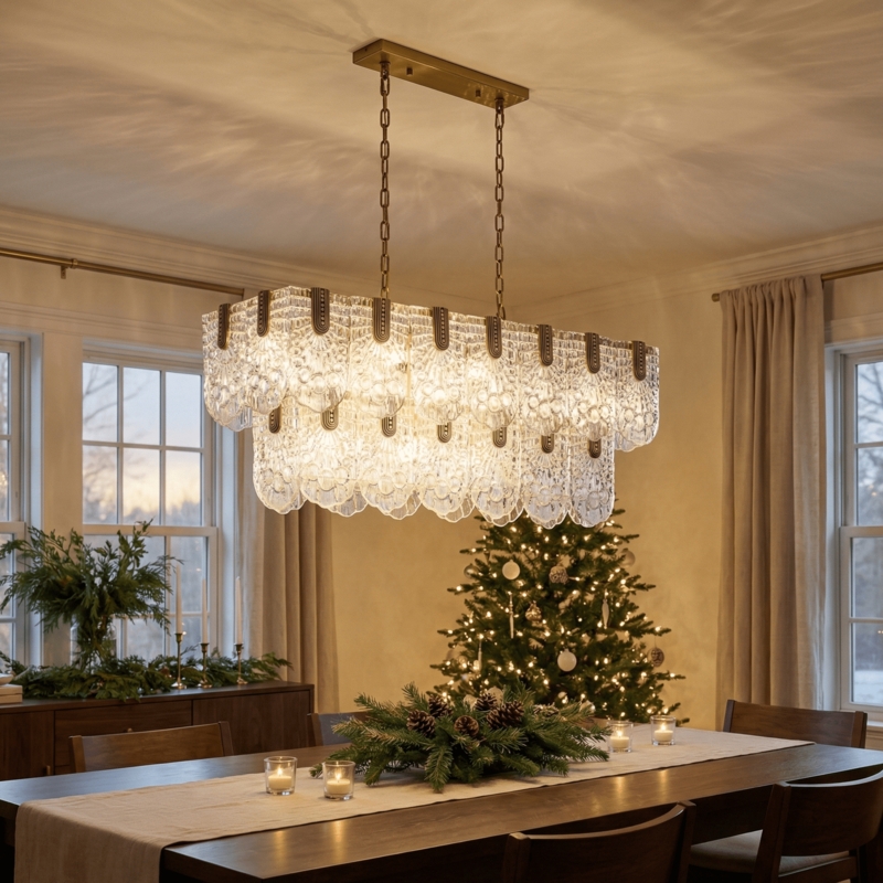 Rectangular Chandelier, Textured Scalloped Glass Panels, Brass Tiered