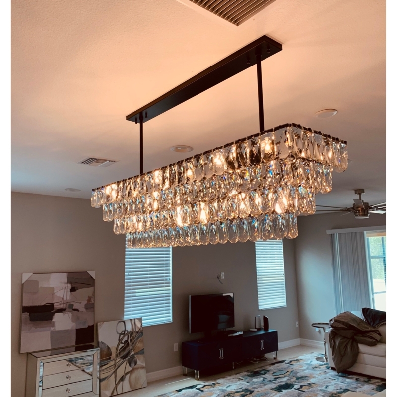 Rectangular Chandelier, Tiered Crystal Fringe, Matte Black Linear