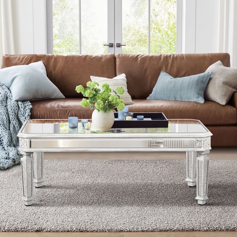 Rectangular Coffee Table Ornate Carvings Whitewashed Mirrored