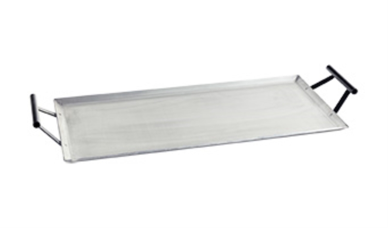 Rectangular Griddle Plate, Elongated Form, Dual Handles, Black Grips.