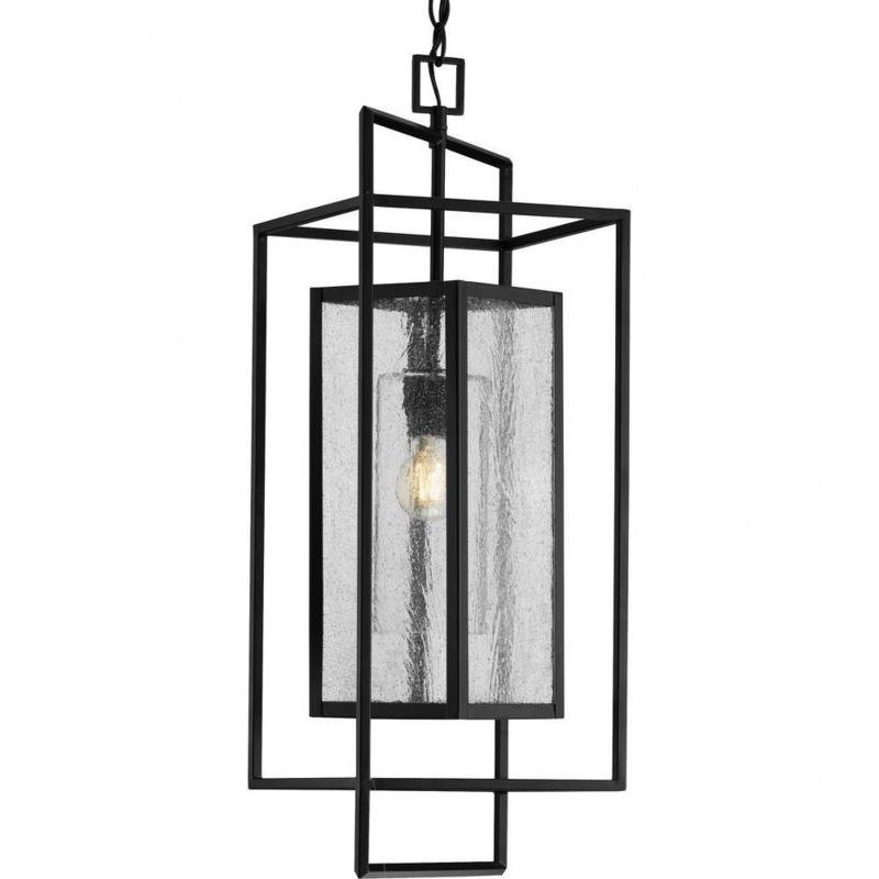 Rectangular Pendant with Open Frame, Modern Farmhouse Seeded Glass Light.