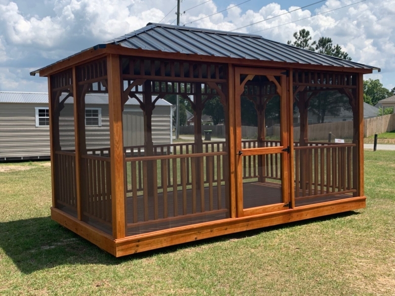 Rectangular Screened Gazebo with Corrugated Metal Roof