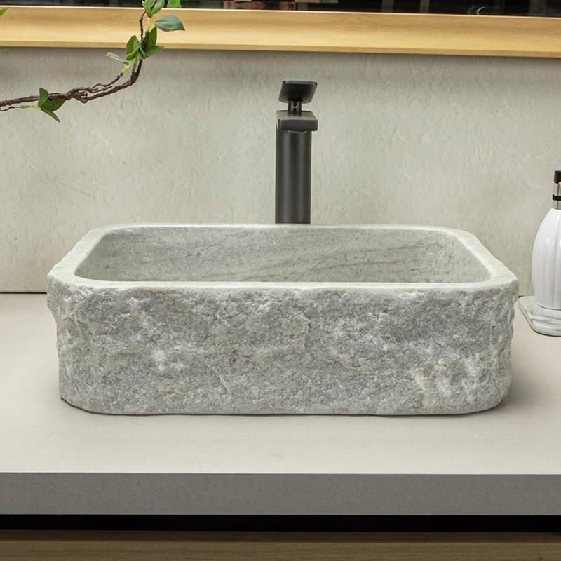 Rectangular Stone Vessel Sink with Chiseled Texture and White Veining