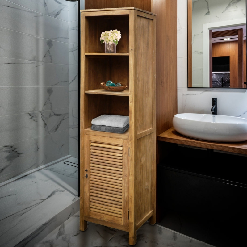 Recycled Teak Linen Cabinet with Louvered Door and Open Shelving