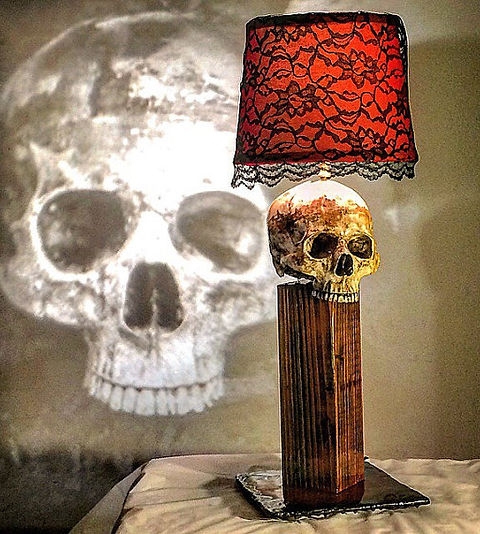 Red Lace Table Lamp with Skull Accent and Shadow Projection