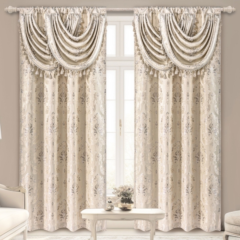 Regal Champagne Damask Curtains with Attached Swag Valance