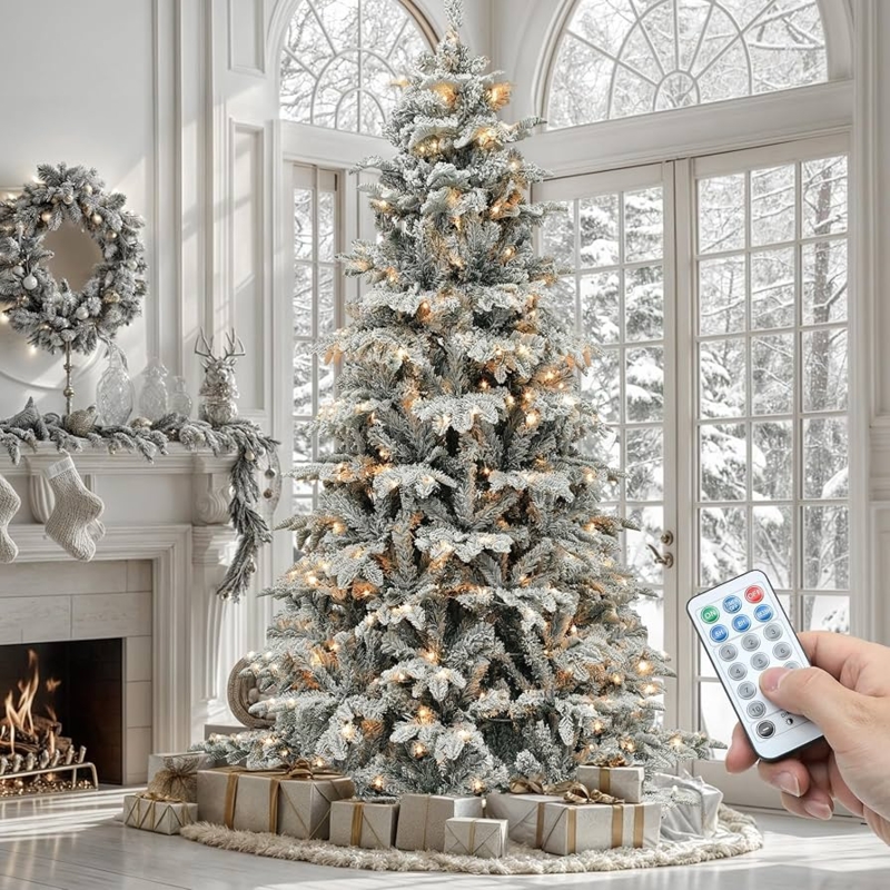 Remote Controlled Flocked Christmas Tree with Layered Branches