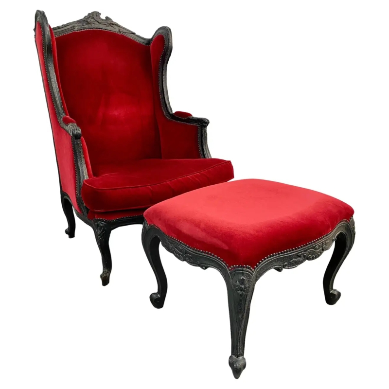 Renaissance Wingback Chair: Crimson Velvet, Charred Black Finish
