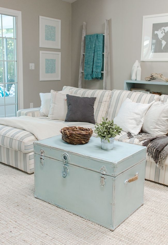 Repurposed Trunk Coffee Table: Pastel Blue Finish & Rope Side Handles