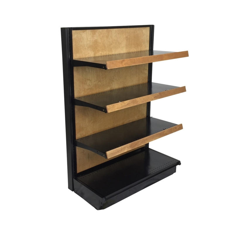 Retail Display Perforated Top Shelves Wood Toned Back Panel Black Metal