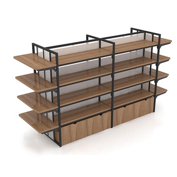 Retail Gondola Shelving End Cap Shelves Walnut Brown Matte Black Metal