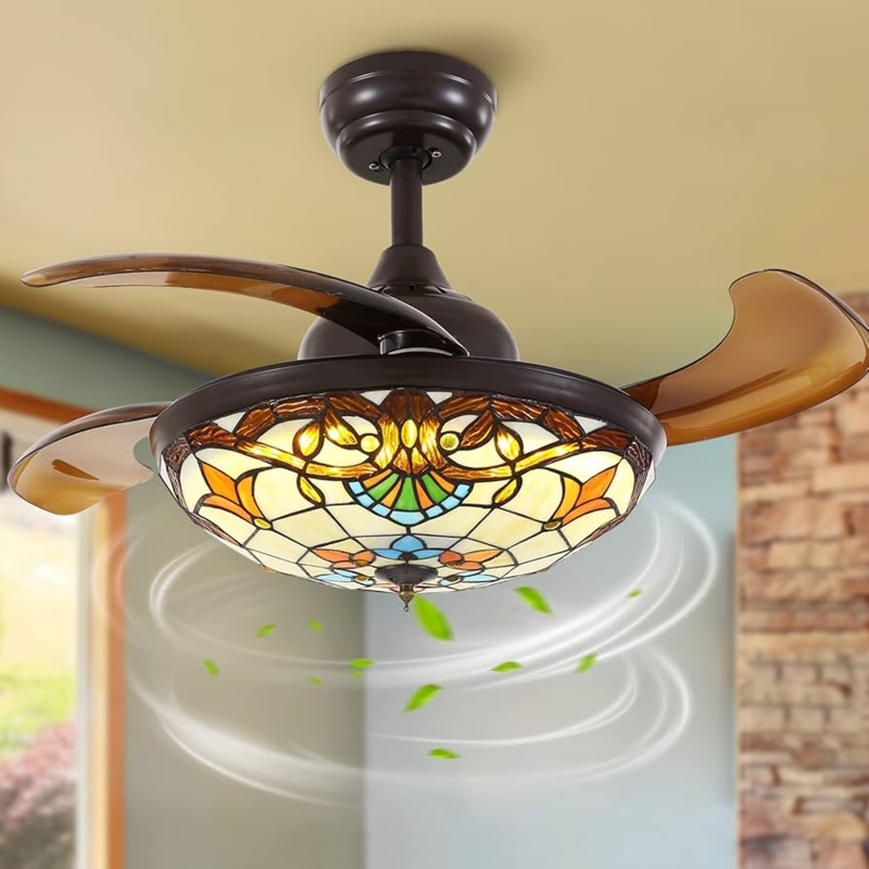 Retractable Ceiling Fan Tiffany Style Shade Fandelier Vintage Craftsman