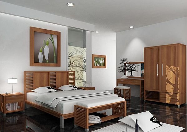 Retro Chic Bedroom Set Slatted Wood Accents Platform Base