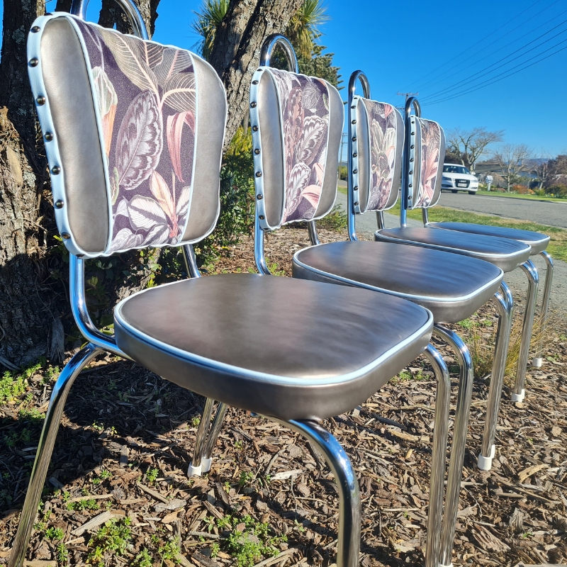Retro Dining Chairs: Metallic Vinyl, Botanical Print Insert, Studded