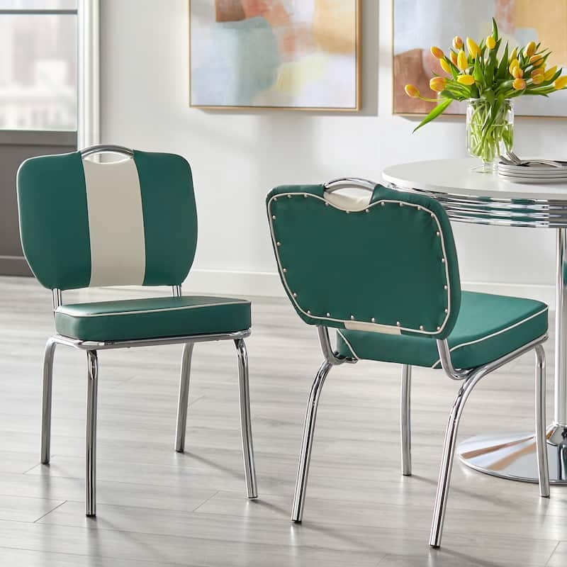 Retro Dining Chairs Set of 2: Teal Green and White Stripe, Chrome