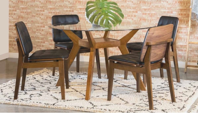 Retro Inspired Dining Set: Nutmeg Angular Base & Tufted Black Chairs