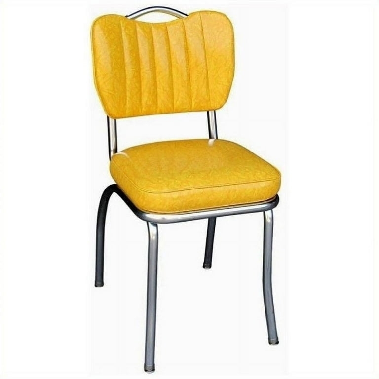 Retro Kitchen Chair: Yellow Cracked Ice, Handle Back, Channel Stitch