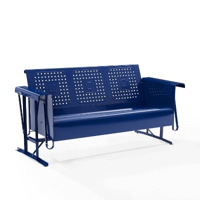 Retro Metal Porch Sofa in Glossy Navy with Perforated Square Cutouts