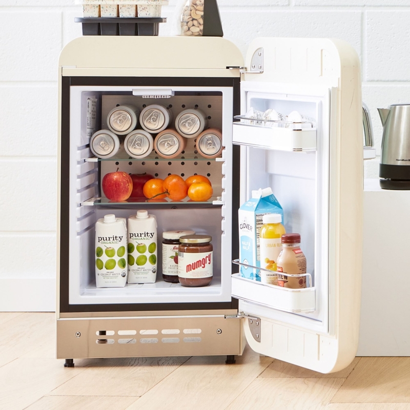 Retro Mini Fridge Cream Glossy Finish Curved Top Chrome Handle