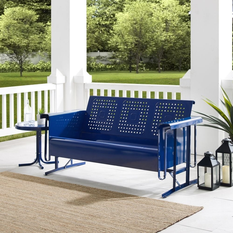Retro Navy Metal Glider with Perforated Backrest and Matching Side Table