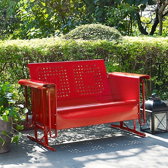 Retro Patio Loveseat Glider in Glossy Cherry Red with Perforated Backrest