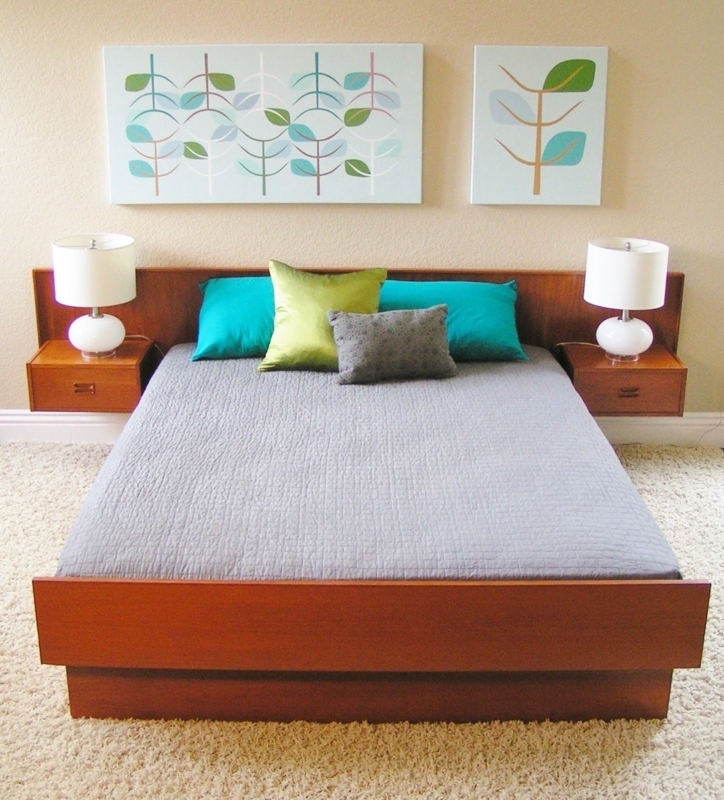 Retro Platform Bed Wide Wood Headboard Floating Nightstands