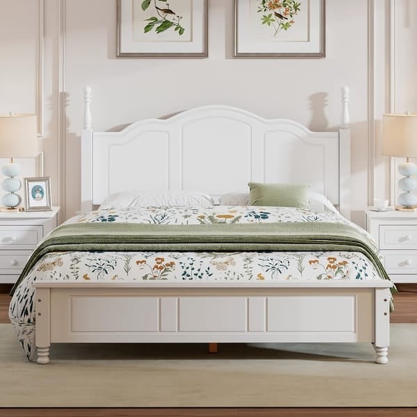 Retro Platform Bed with Curved Headboard and Turned Posts