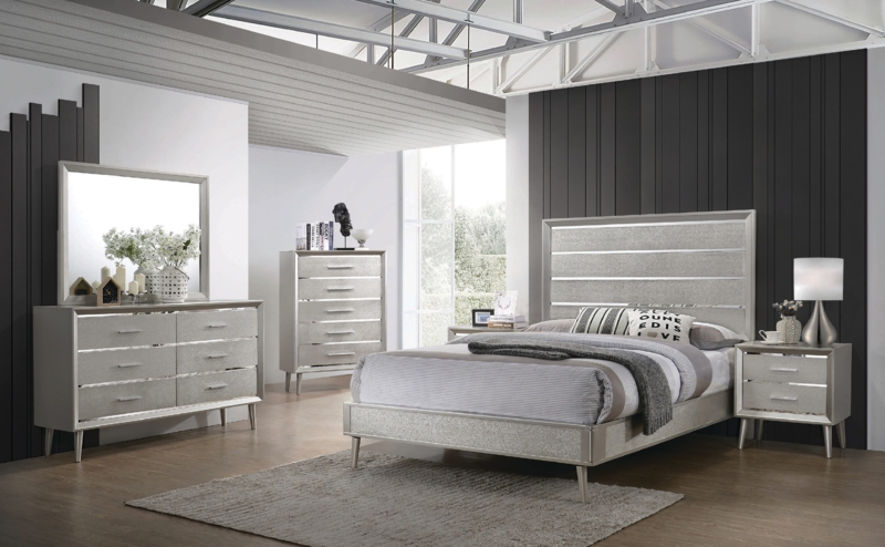 Retro Silver Bedroom Set with Splayed Legs & Sparkle Accents