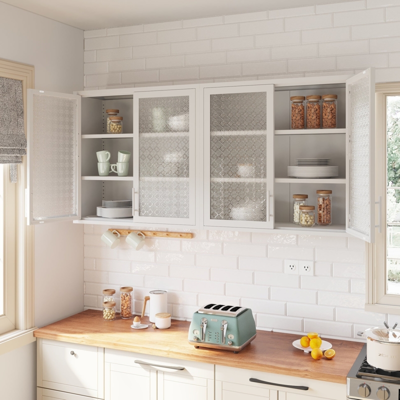 Retro Wall Mounted Cabinet with Textured Hazy Glass Panels