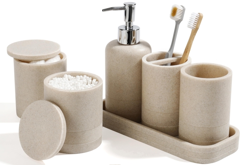 Ribbed Beige Bathroom Set with 6 Stone-like Pieces and Vanity Tray