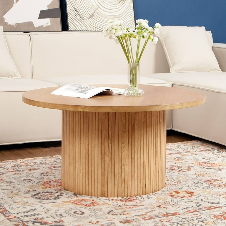 Ribbed Pedestal Drum Coffee Table in Natural Oak Finish