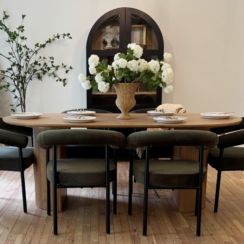Ribbed Pillar Dining Table with Olive Green Upholstered Chairs