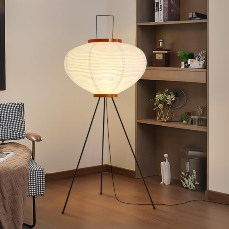 Ribbed Rice Paper Floor Light, Oblate Spheroid Shade with Wood Rims