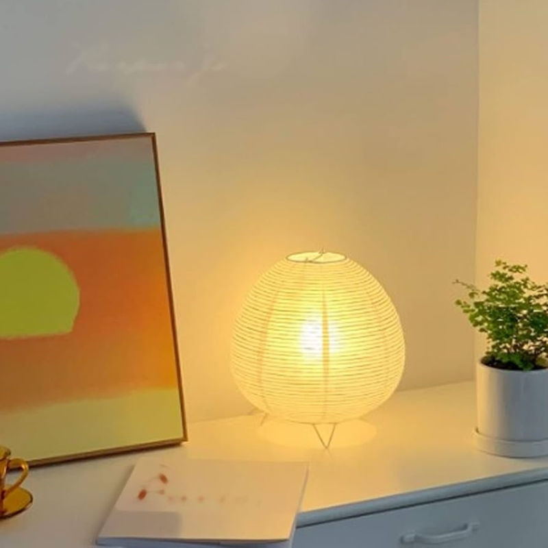 Ribbed Rice Paper Lamp featuring Globe Shape and Wire Tripod Base