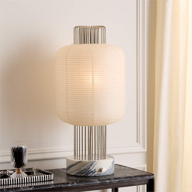 Rice Paper Cage Lamp with Cylindrical Shade and White Marble Base