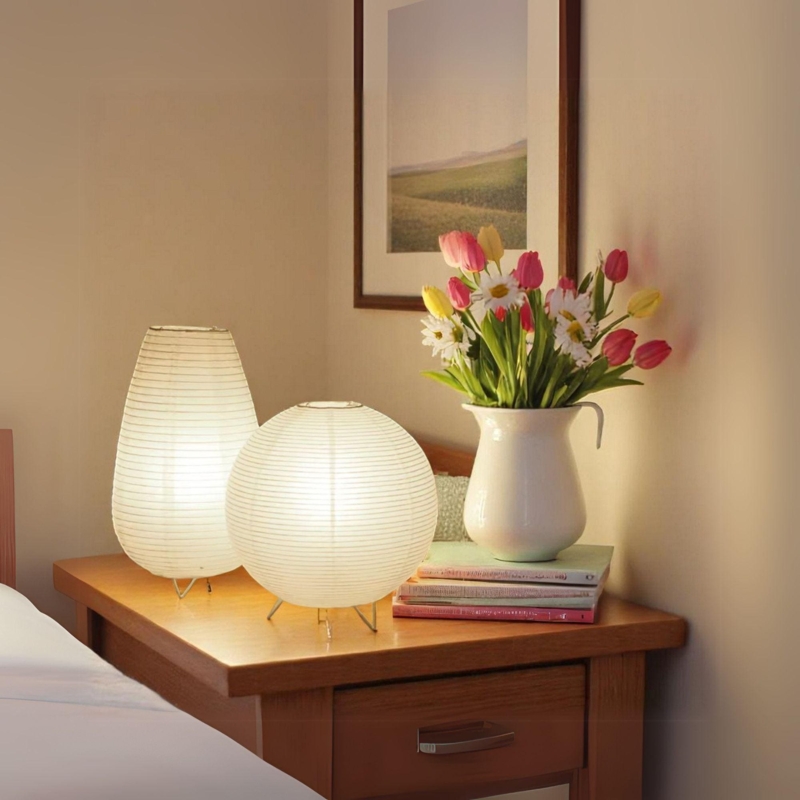 Rice Paper Table Lamp Set: Spherical and Elongated Ribbed Shades