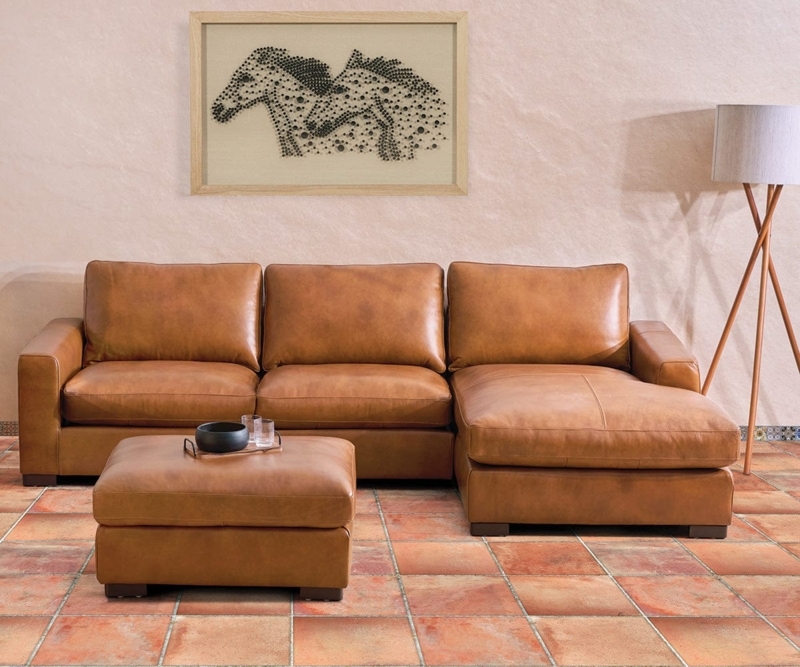 Right Arm Facing Cognac Leather Sectional with Low Block Feet