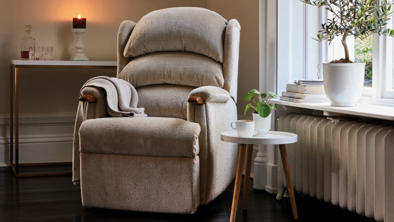 Riser Recliner with Waterfall Back Cushions and Wooden Hand Grips