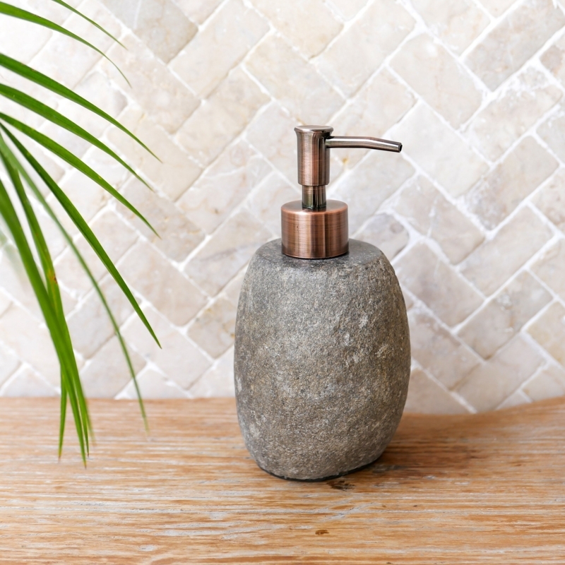 River Stone Soap Dispenser with Bronze Pump and Organic Ovoid Form