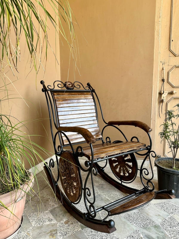 Rocker: Handcrafted Iron Scrollwork Frame, Wood Slats, Carved Medallions