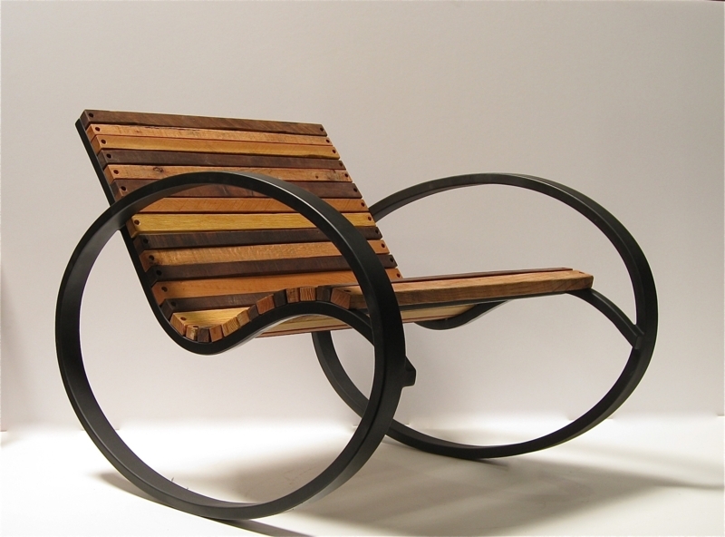 Rocker: Industrial Modern Circular Metal Frame, Multi-Tone Wood Slatted Seat