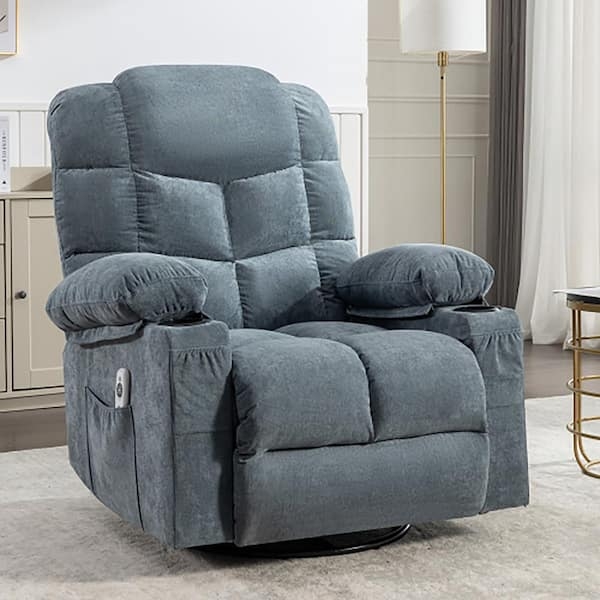 Rocker Recliner: Cup Holders, Slate Blue Swivel Chair (58 characters)