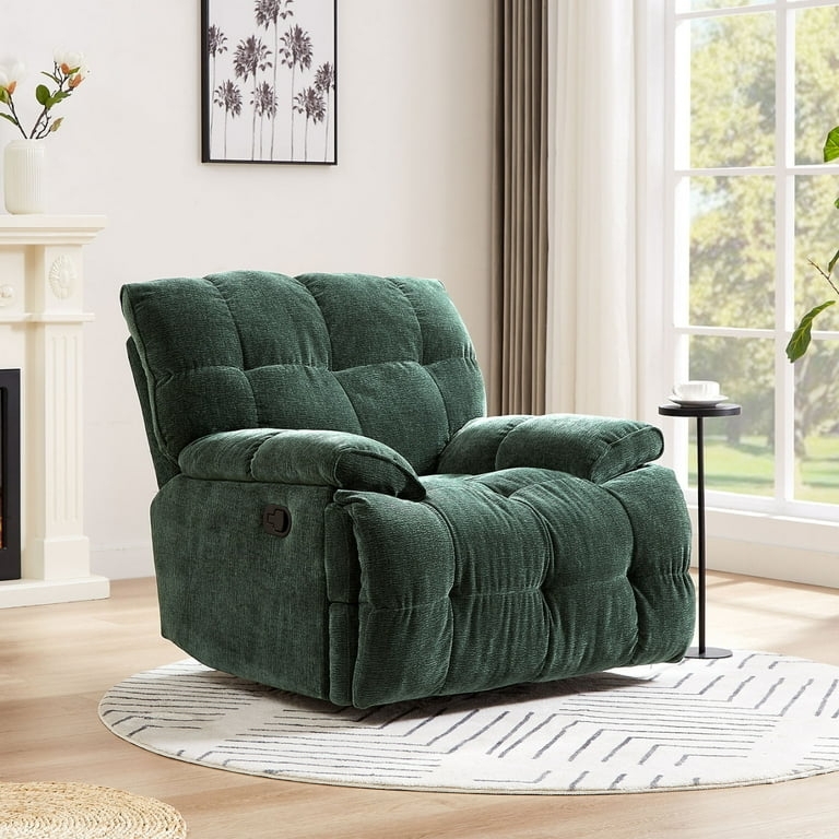 Rocker Recliner: Dark Green Fabric, Corduroy Swivel Chair (62 characters)